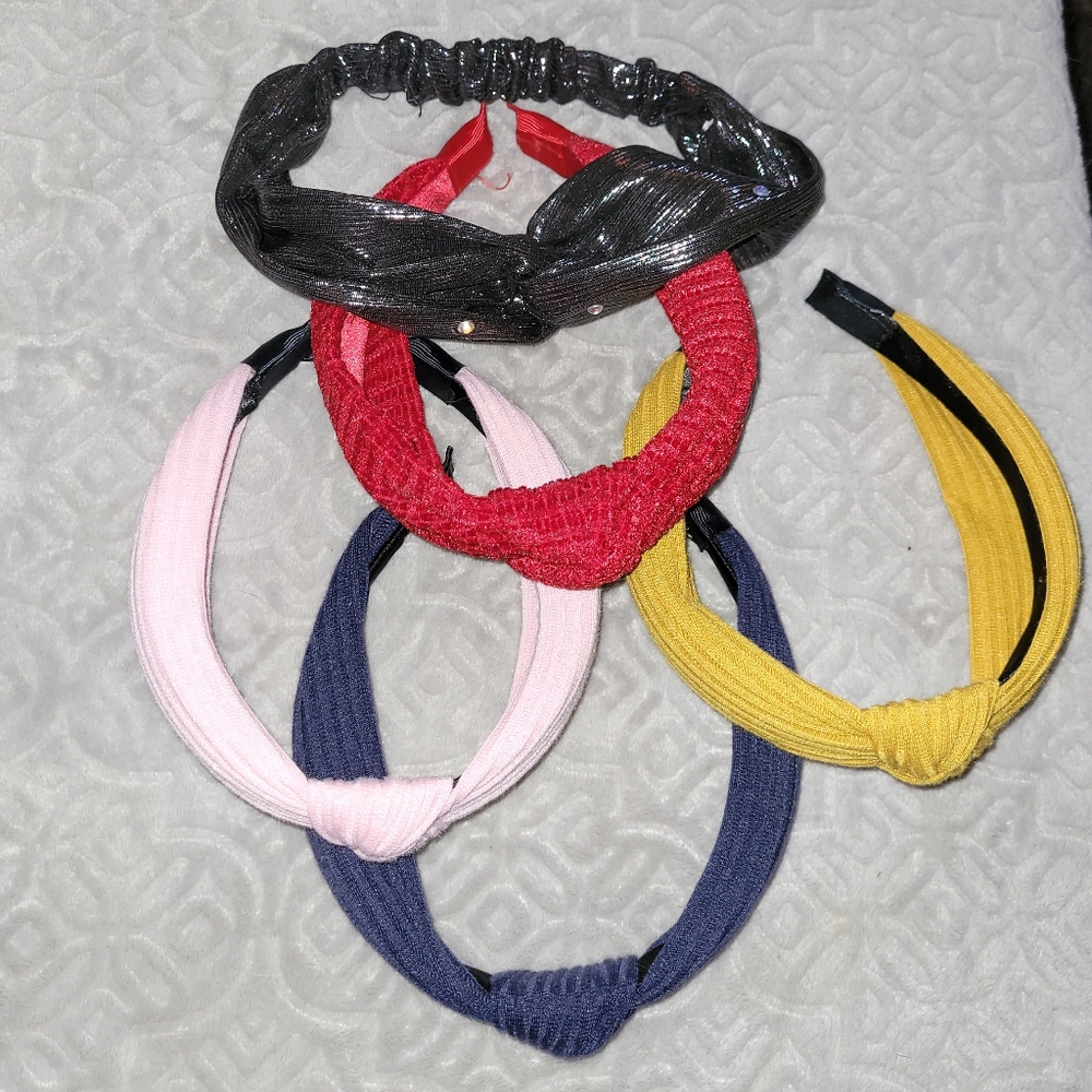 Set of 5 Fabric Headbands 1 pink, 1 red, 1 navy blue, 1 mustard, 1 silvery black